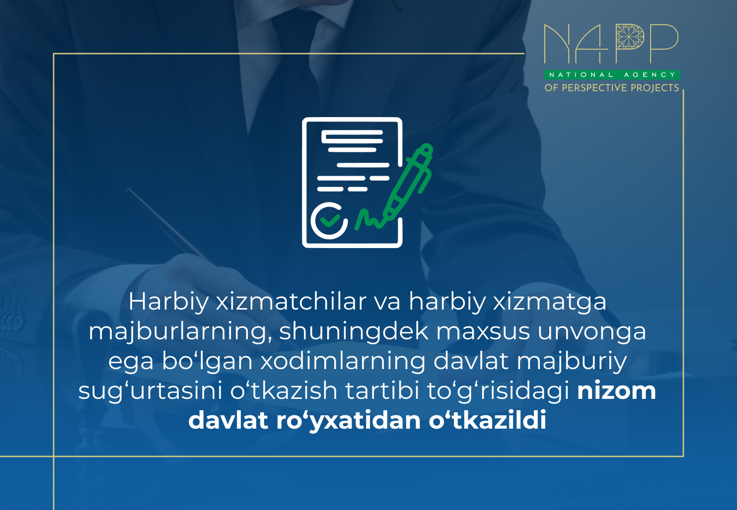 Harbiy xizmatchilar va harbiy xizmatga majburlarning, shuningdek maxsus unvonga ega bo‘lgan xodimlarning davlat majburiy sug‘urtasini o‘tkazish tartibi to‘g‘risidagi nizom davlat ro‘yxatidan o‘tkazildi