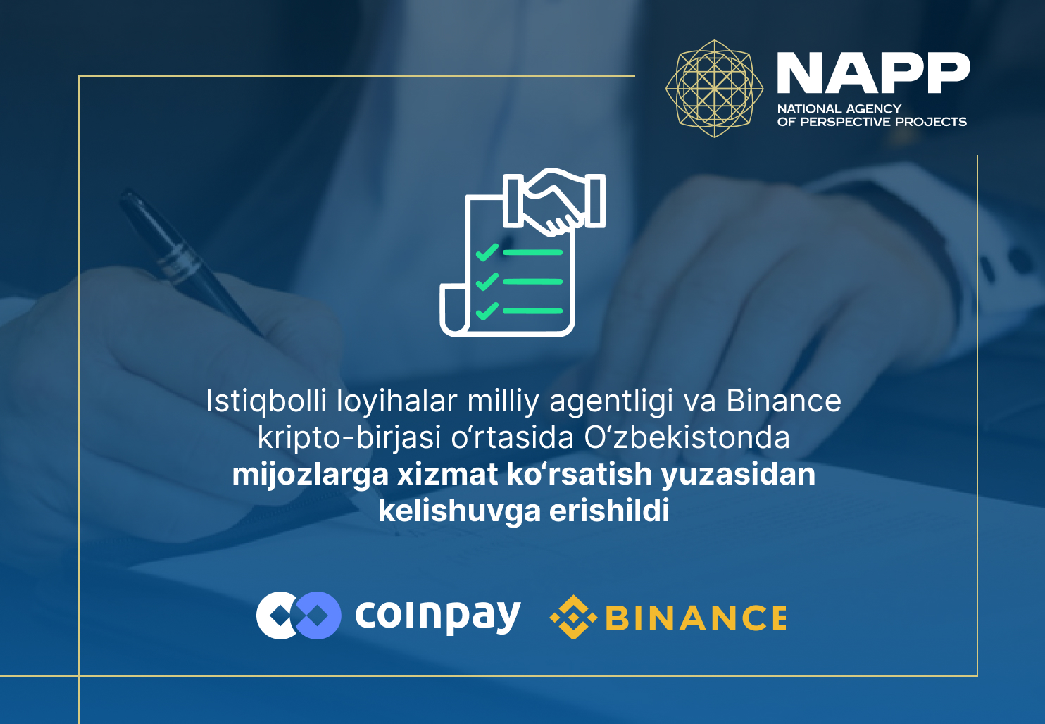 Istiqbolli loyihalar milliy agentligi va Binance kripto-birjasi O‘zbekiston Respublikasi hududida mijozlarga xizmat ko‘rsatish masalasi yuzasidan tegishli kelishuvga erishdilar