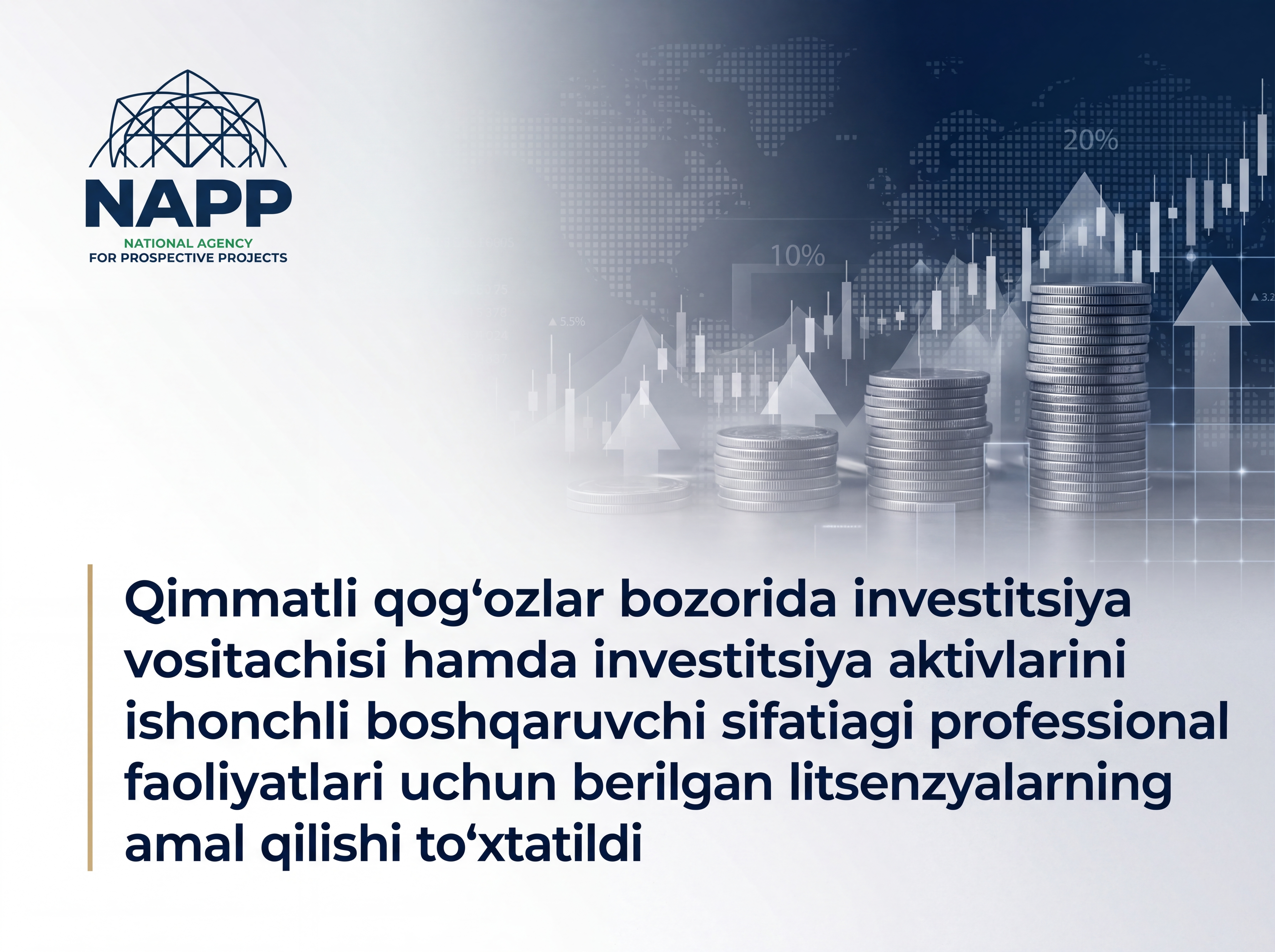 Qimmatli qog‘ozlar bozorida investitsiya vositachisi hamda investitsiya aktivlarini ishonchli boshqaruvchi sifatidagi professional faoliyatlari uchun berilgan litsenziyalarning amal qilishi to‘xtatildi